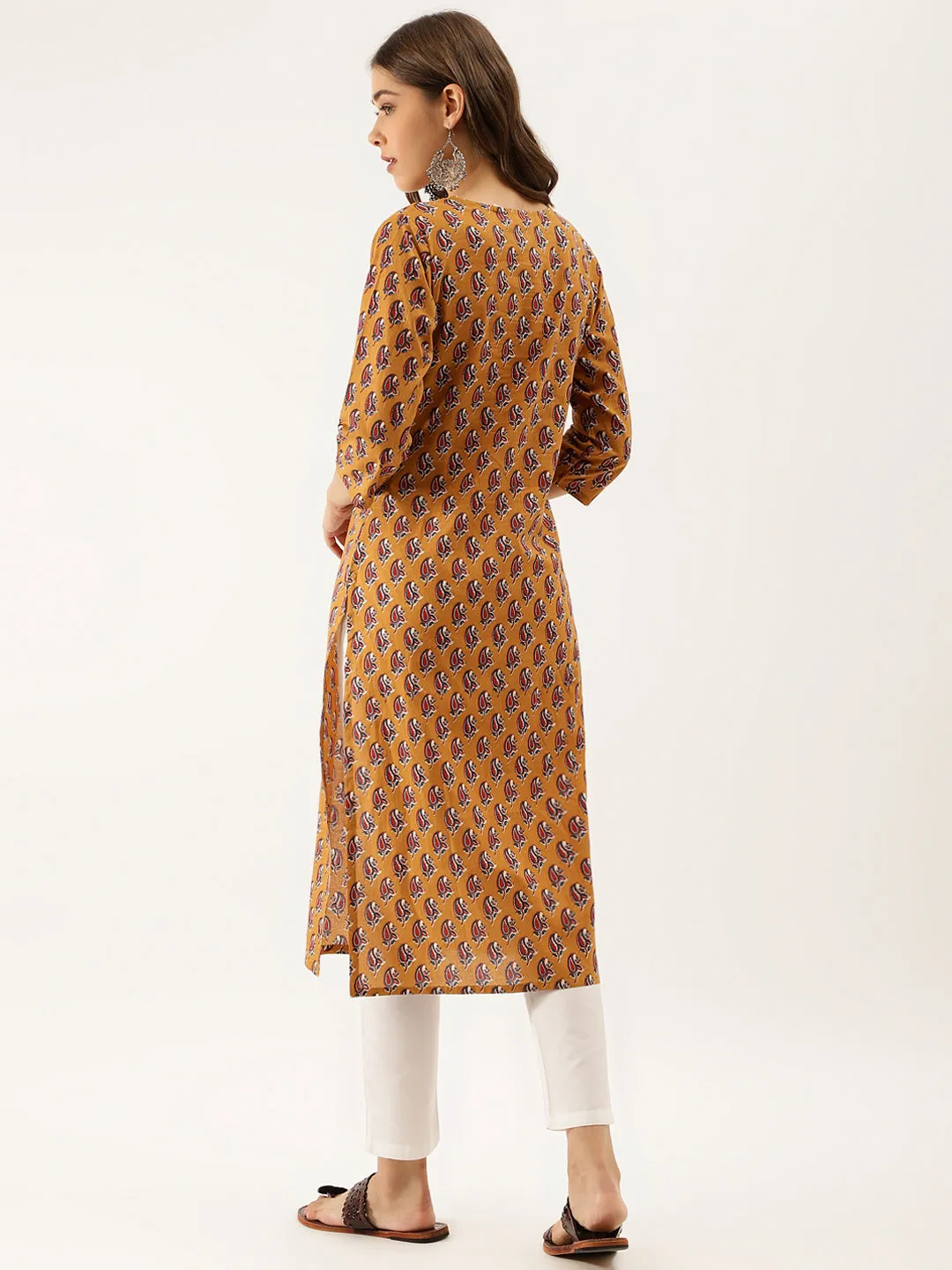 Divena Brown Floral Printed Cotton Zari Work Kurta for Women