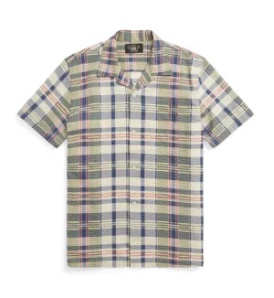 Double RL - Short Sleeve Cotton Seersucker Madras Aloha Camp Shirt in Green/Cream/Multi