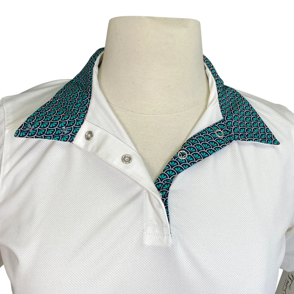 Dover Saddlery CoolBlast 100 'Showtime' Short Sleeve Show Shirt in White w/Blue Shells - Women's XS