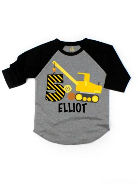 Excavator Construction Birthday Raglan - Heather Gray & Black