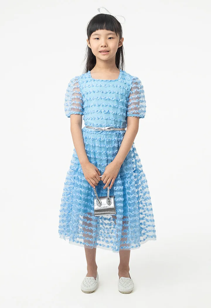 Flowers Puffy Organza Sleeves Dress With Belt