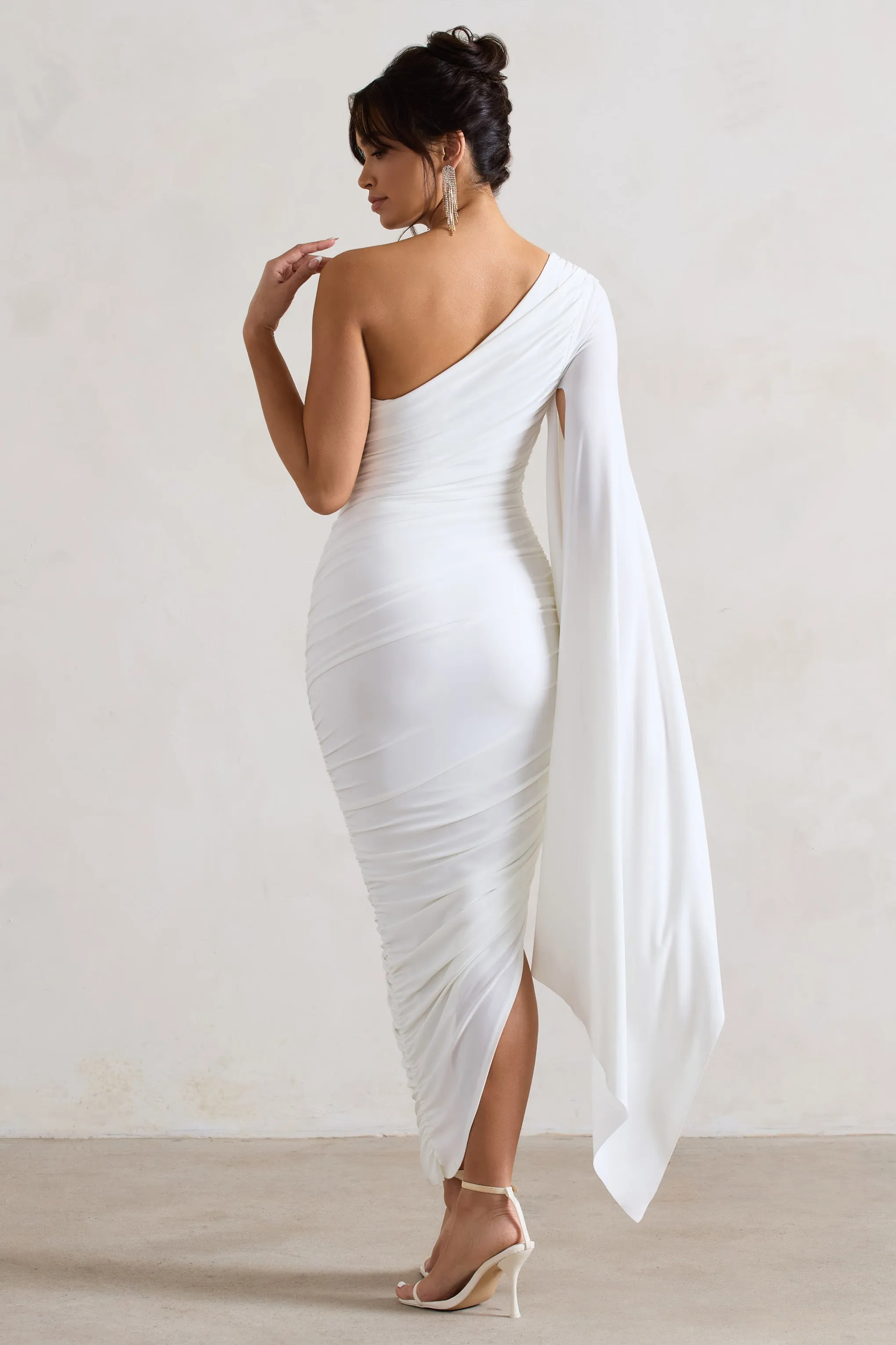 Halsey | White Ruched One Shoulder Cape Sleeve Asymmetric Midi Dress