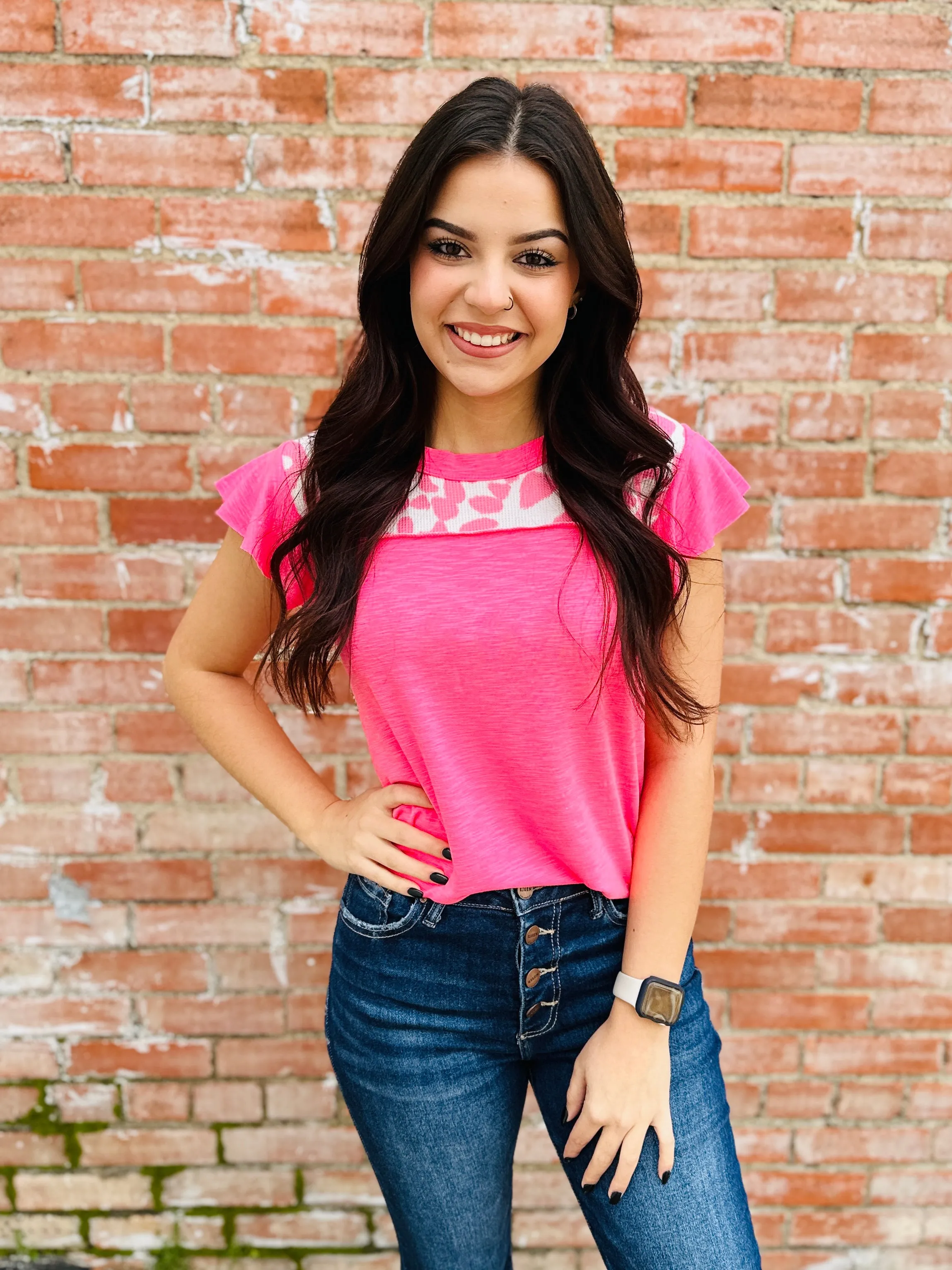 Happiest Here Leopard Ruffle Sleeve Top  Neon Pink