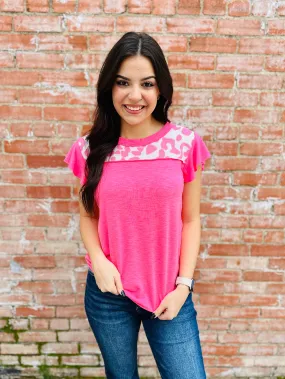 Happiest Here Leopard Ruffle Sleeve Top • Neon Pink