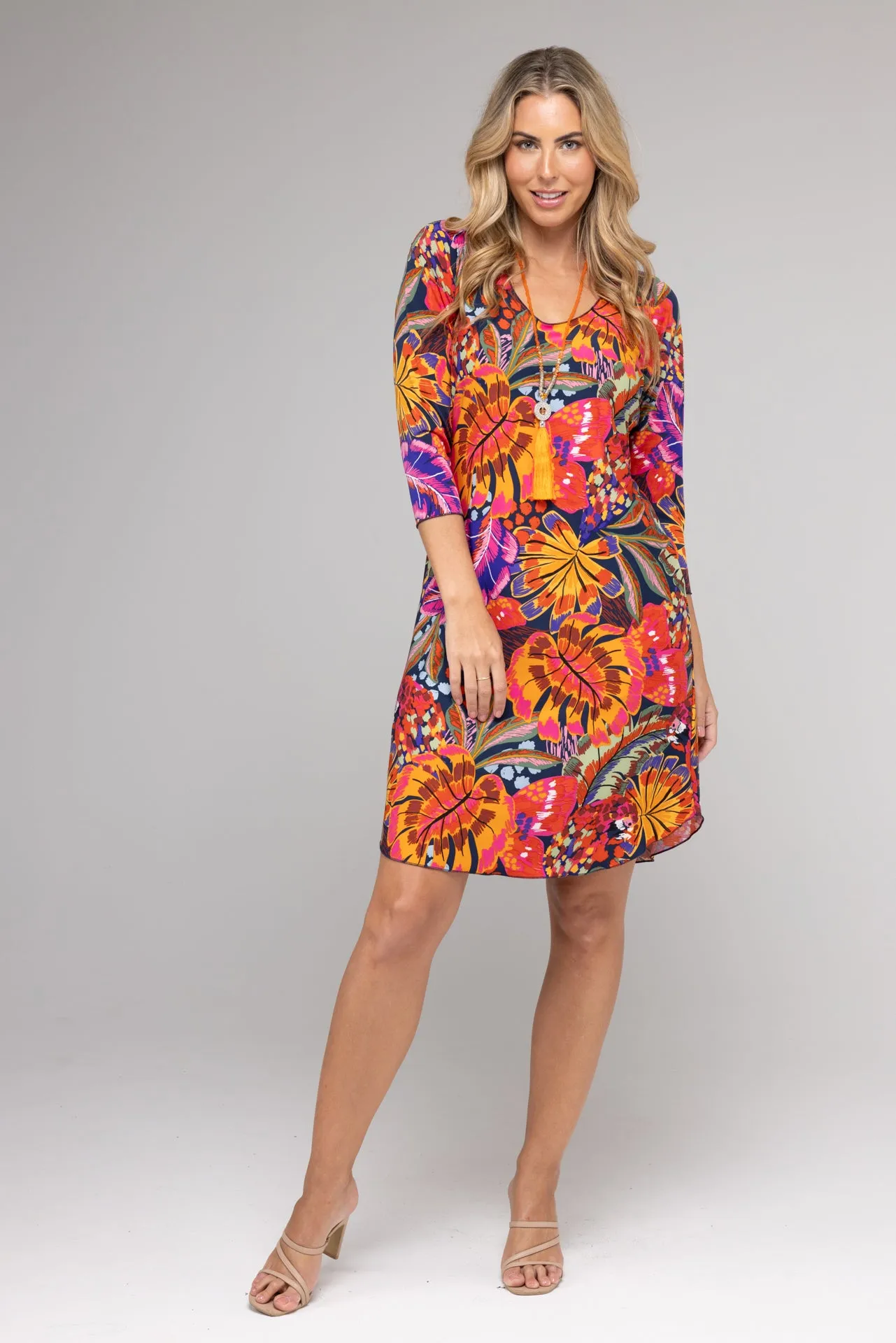 Java Print 3/4 Sleeve Jersey Shift Dress