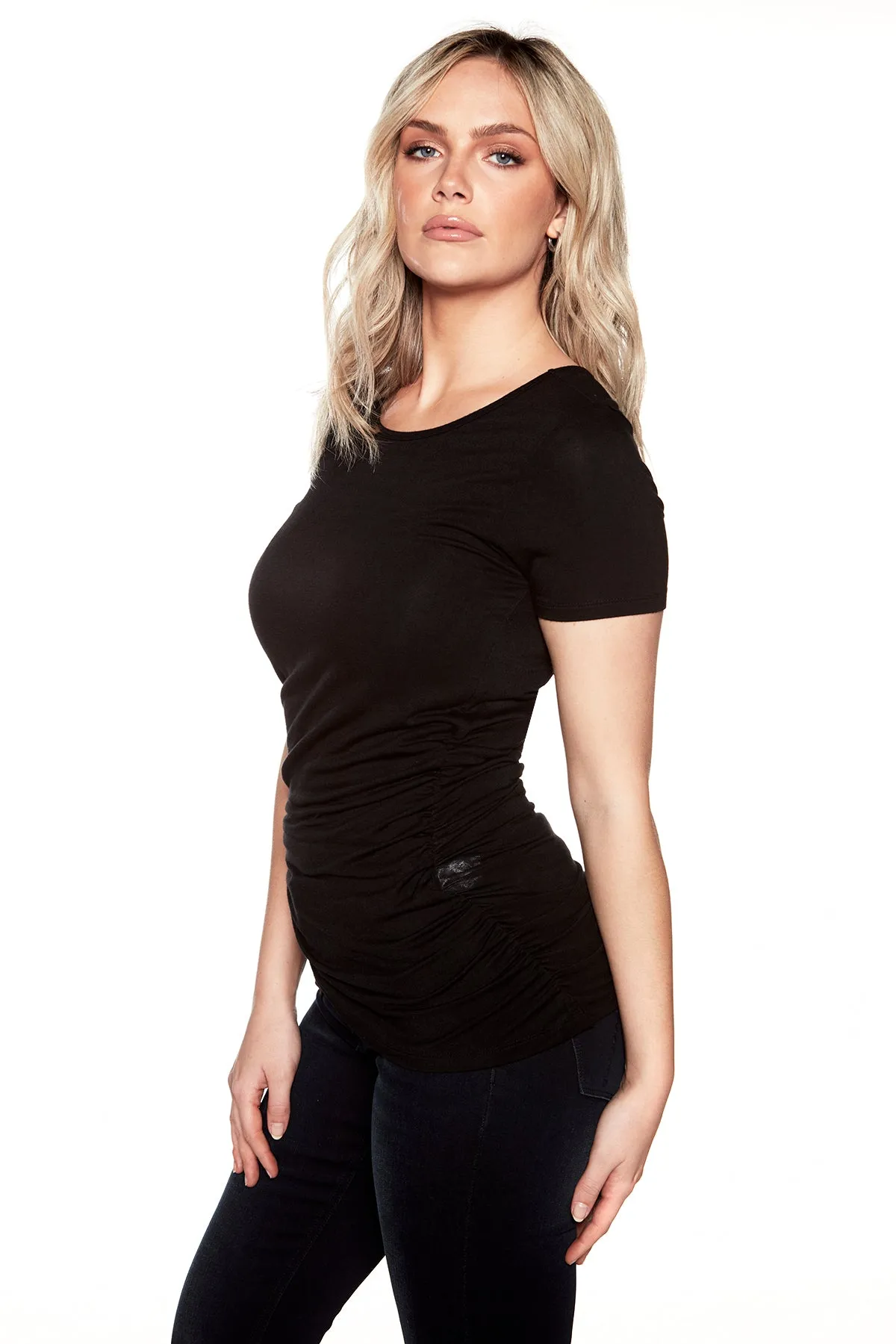 Ladies Short Sleeve Shirred Tulip Tunic - Black