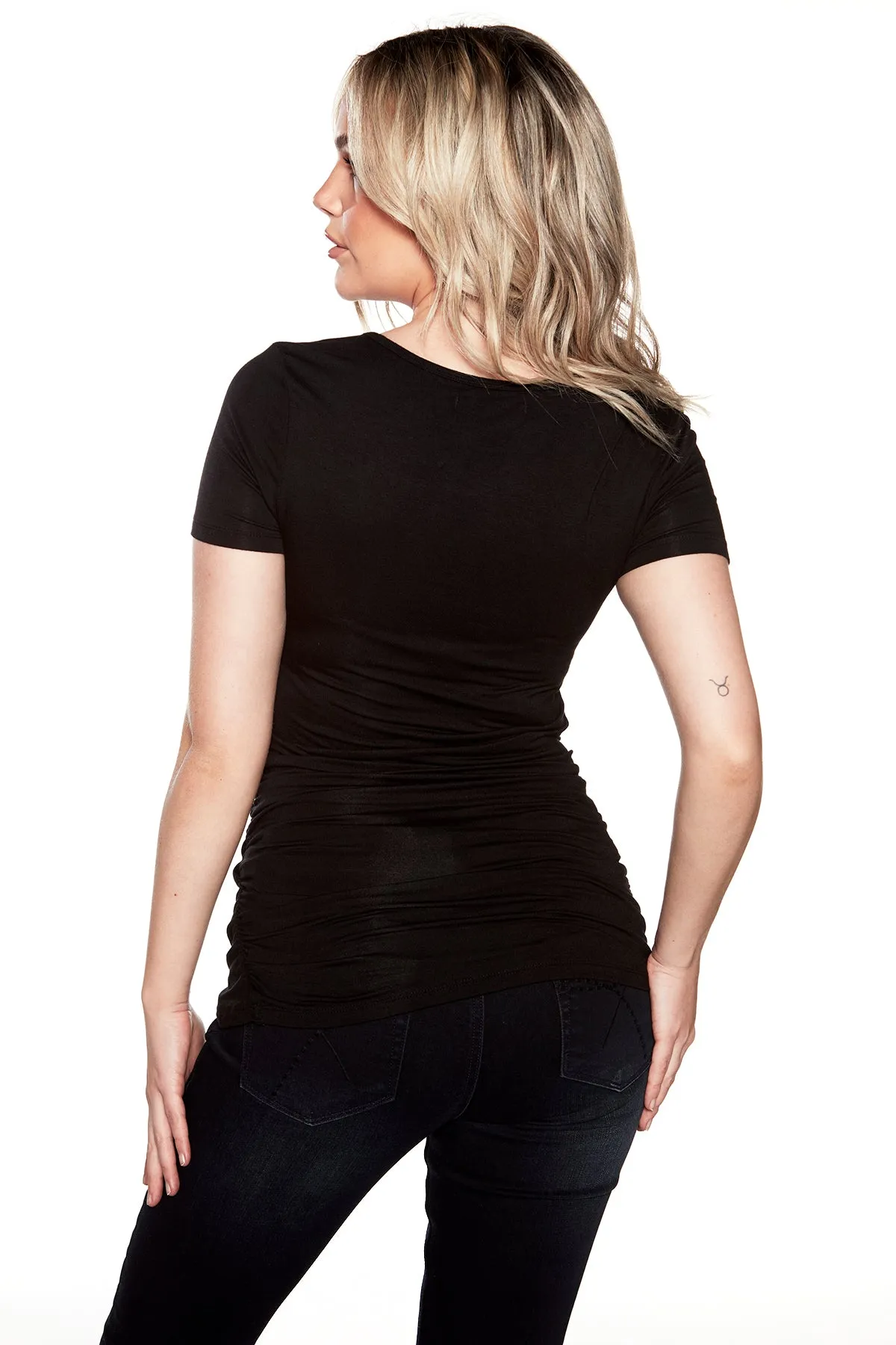 Ladies Short Sleeve Shirred Tulip Tunic - Black