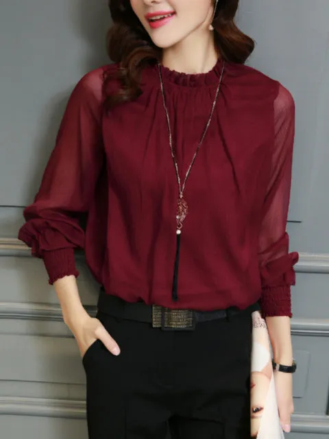 Long Sleeve Chiffon Blouse Top - Wine Red