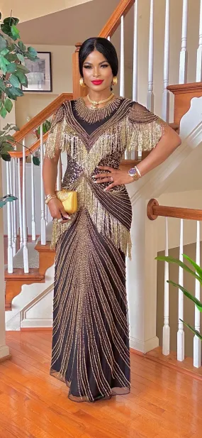 LUXURY SHORT SLEEVE BEADED SEQUINS MAXI DRESS(GOLD/BLACK)