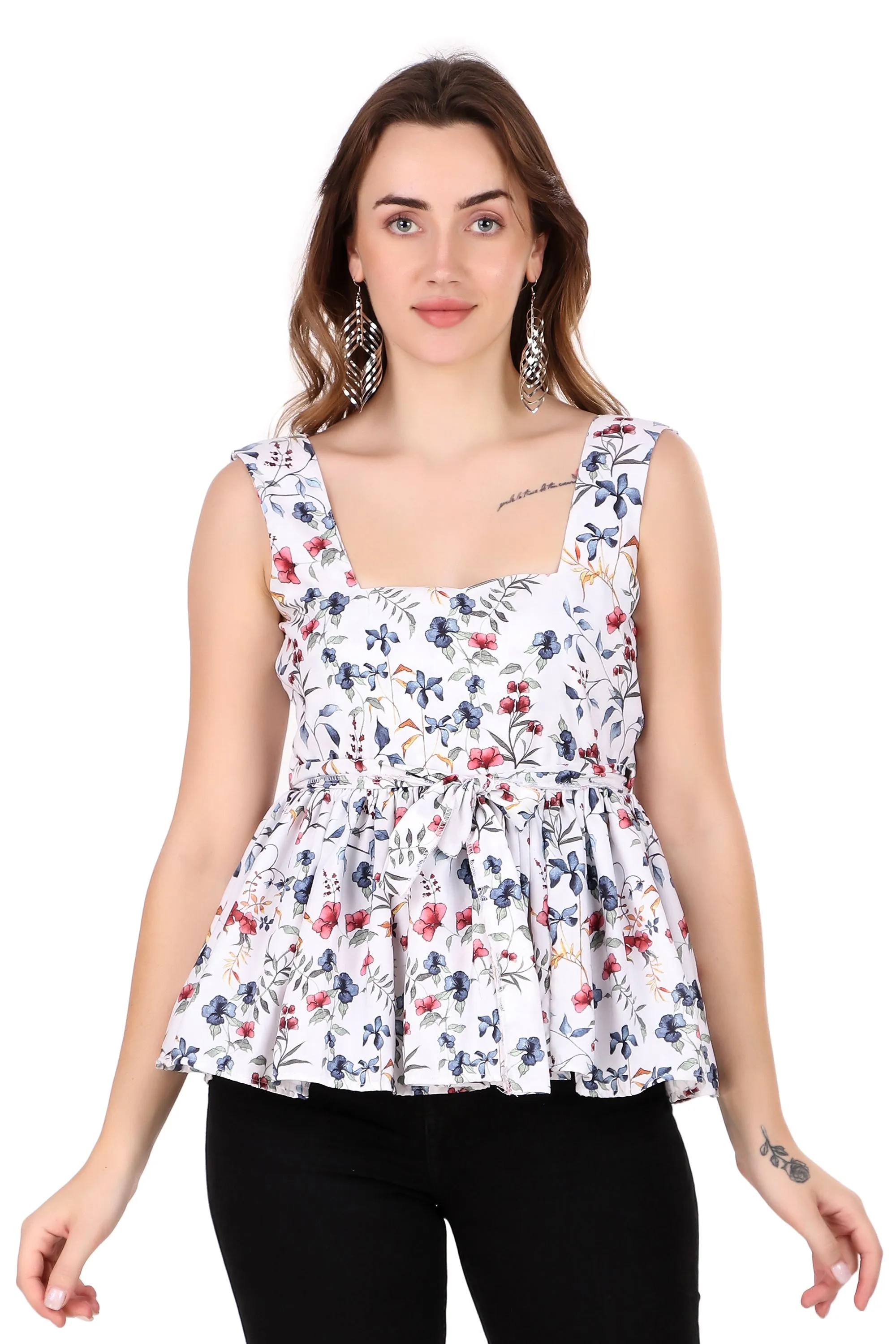 Magnetism white Rayon Floral Print Women Top (Customise)