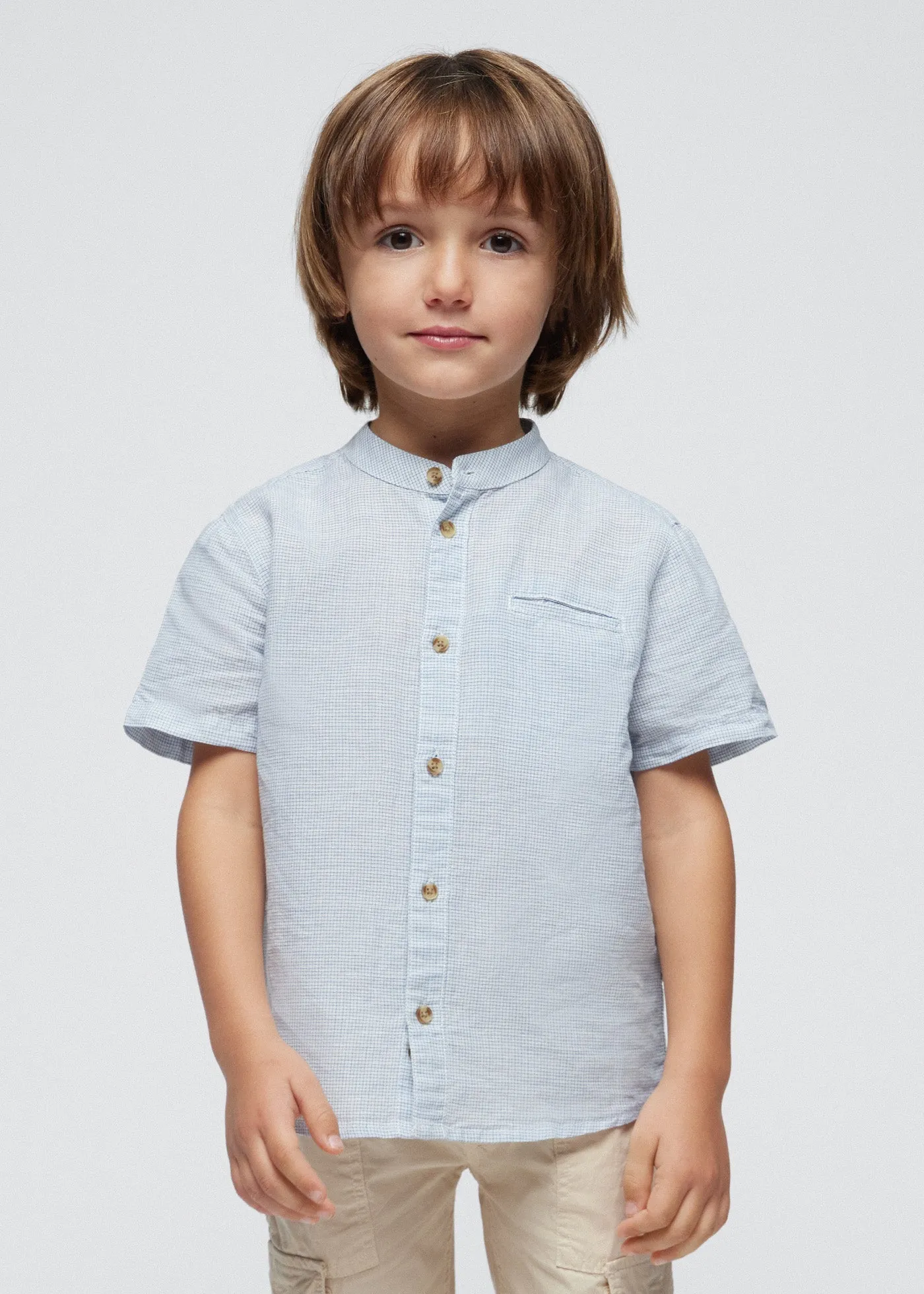 Mayoral Mini Short Sleeve Mandarin Collar Linen Dress Shirt_ 3113