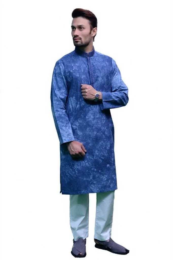 Men Printed Textured Fabric Kurta Blue