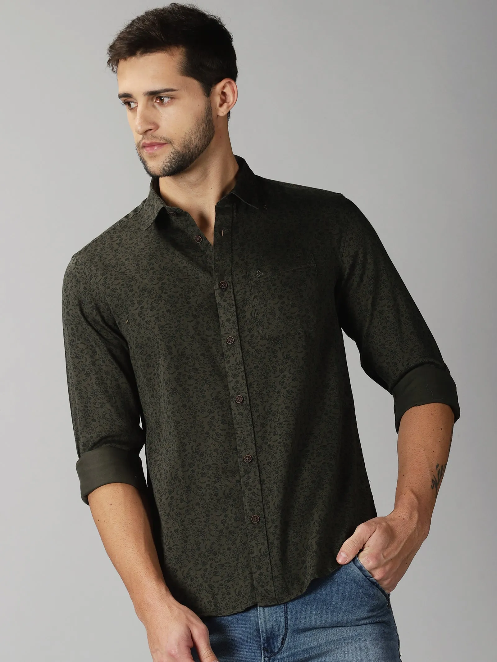 MEN'S DK OLIVE PRINT SLIM FIT SHIRT