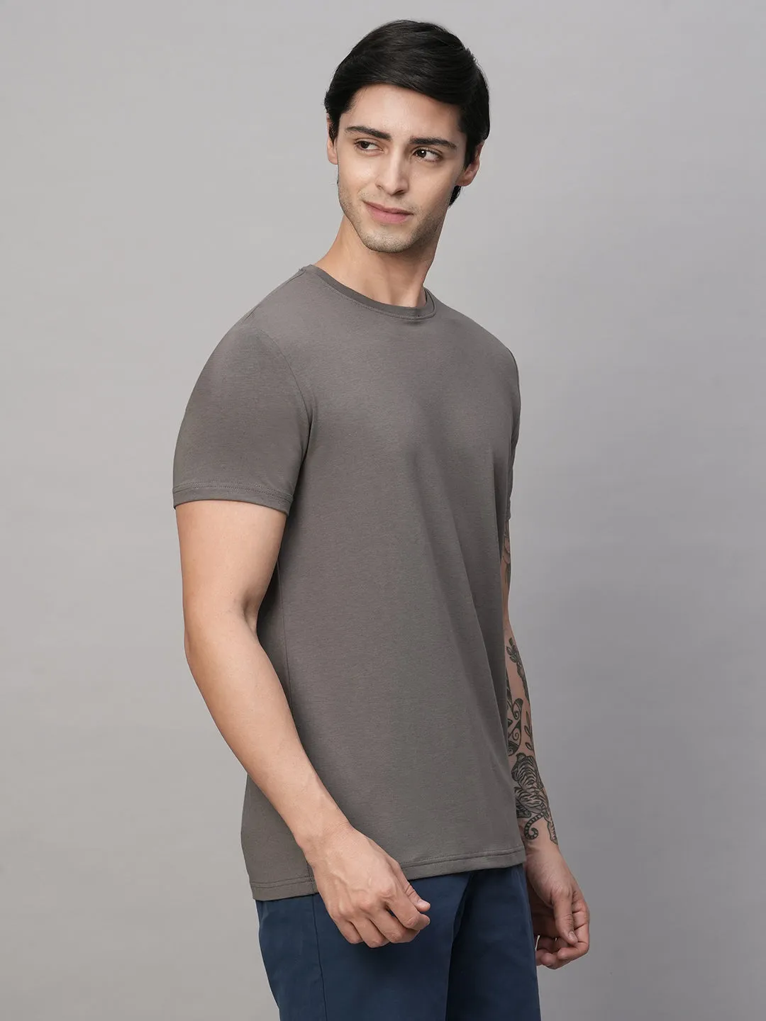 Men's Grey Cotton Bamboo Elastane Regular Fit Tshirt