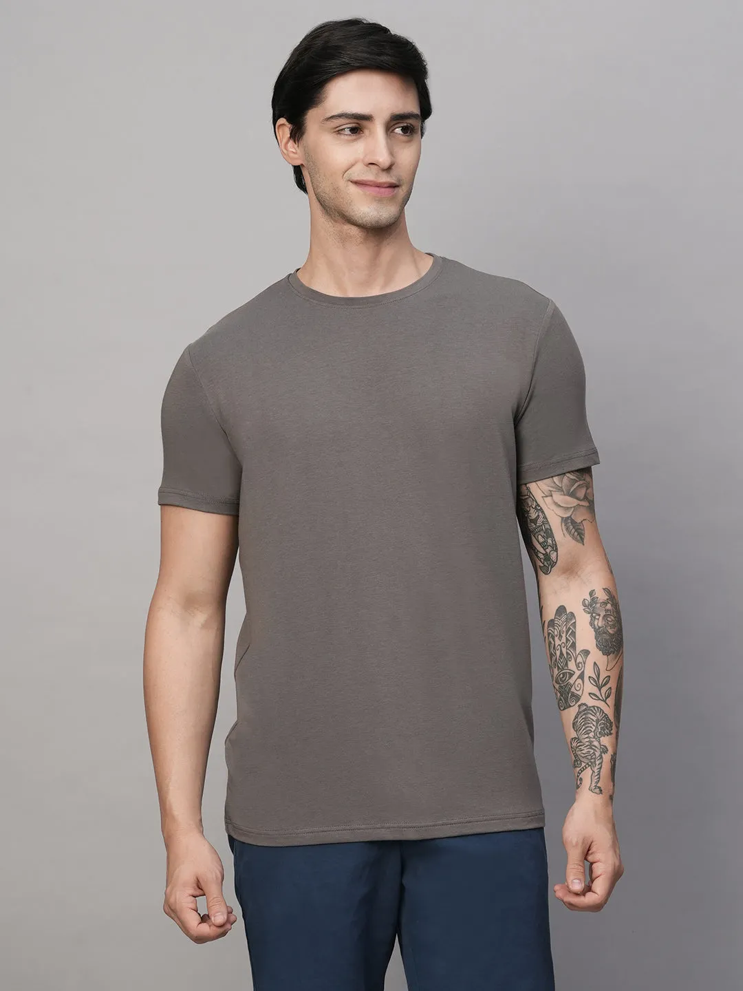 Men's Grey Cotton Bamboo Elastane Regular Fit Tshirt