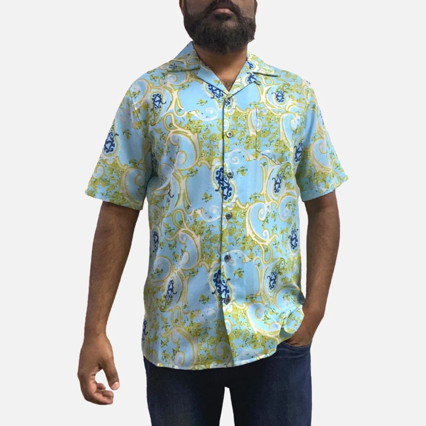 Mens Turquoise Short Sleeve Open Neck Shirt | Classic Fit