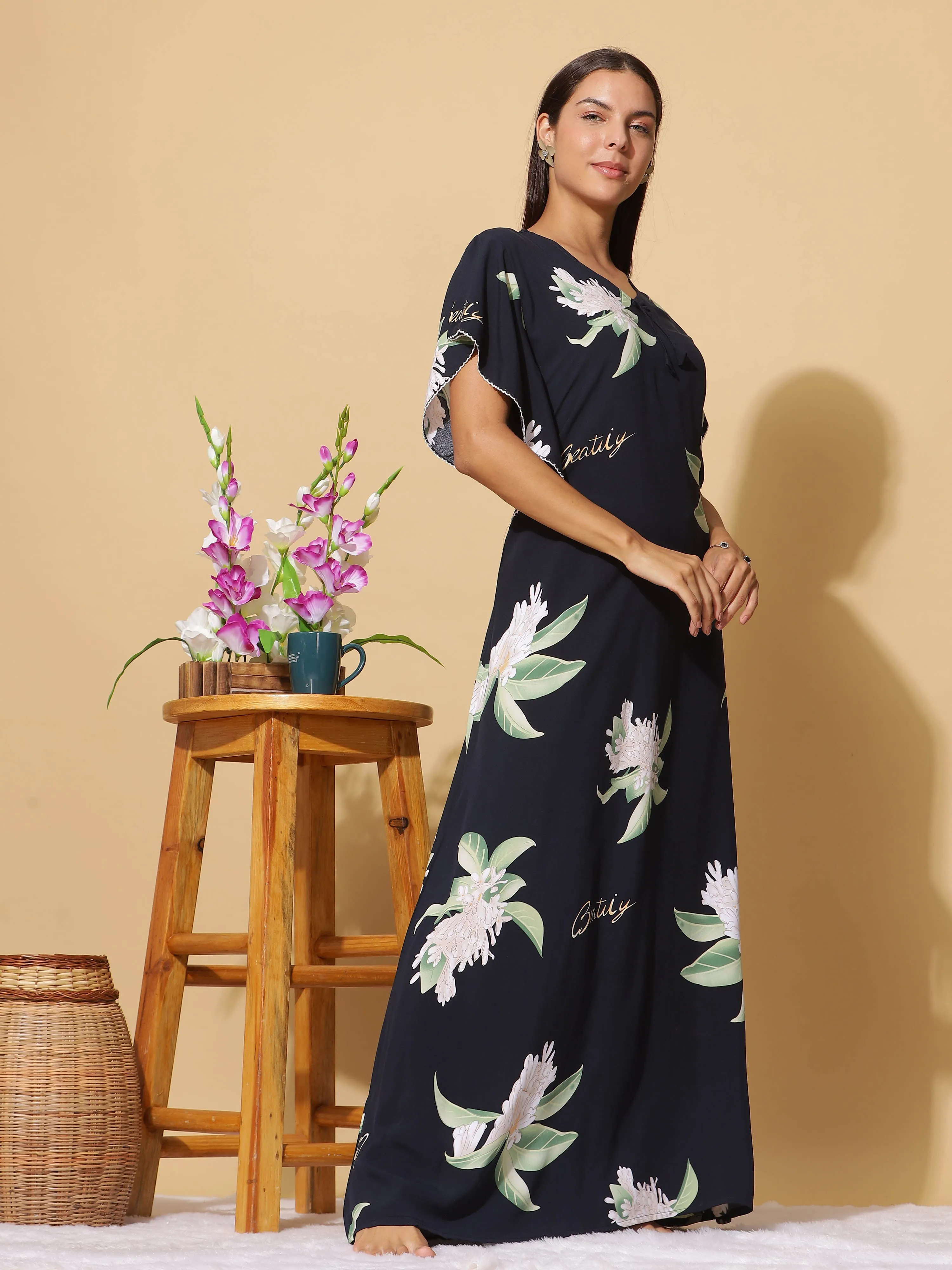 Navy Blue Rayon Designer Maxi Nighty