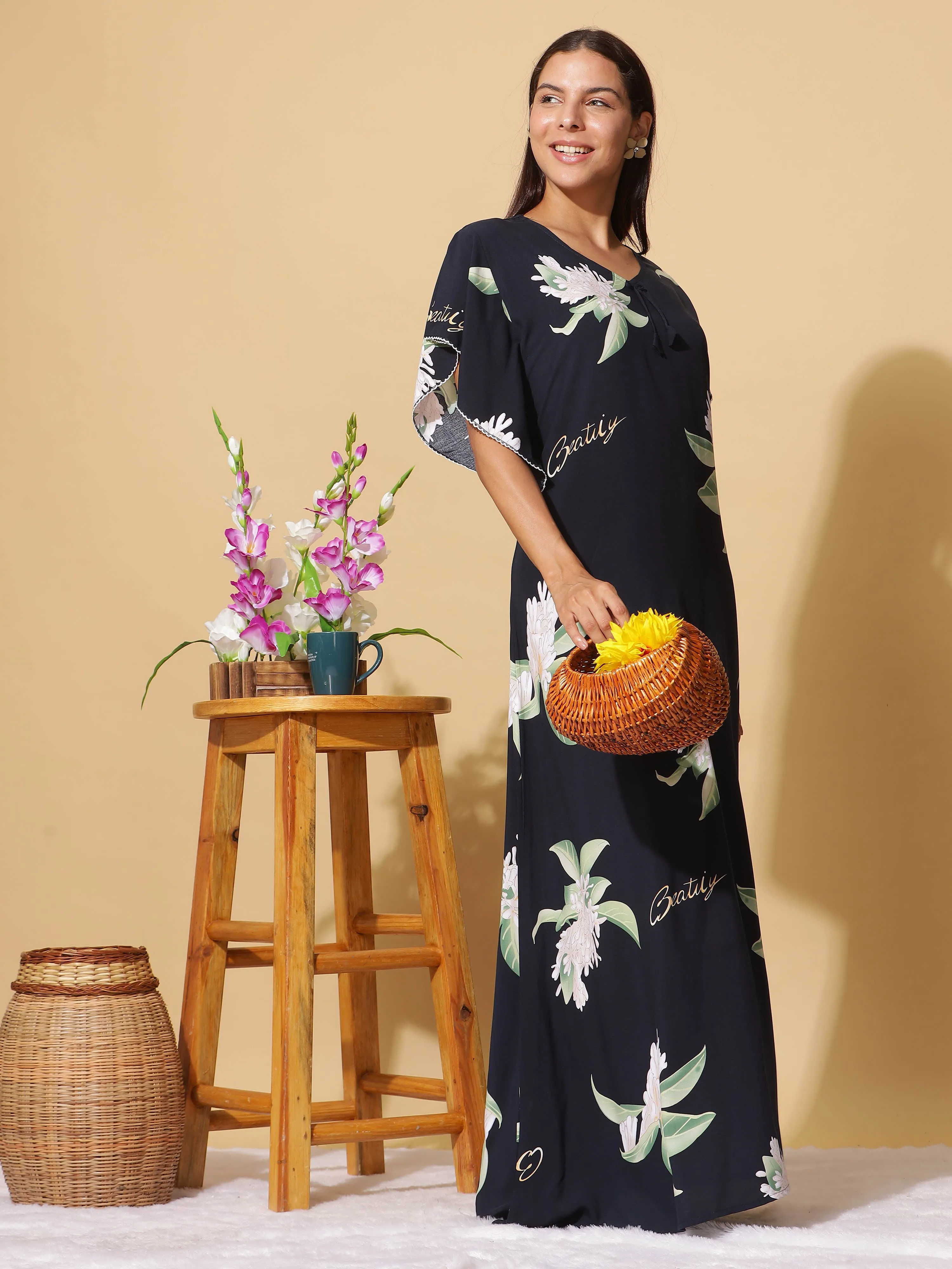 Navy Blue Rayon Designer Maxi Nighty