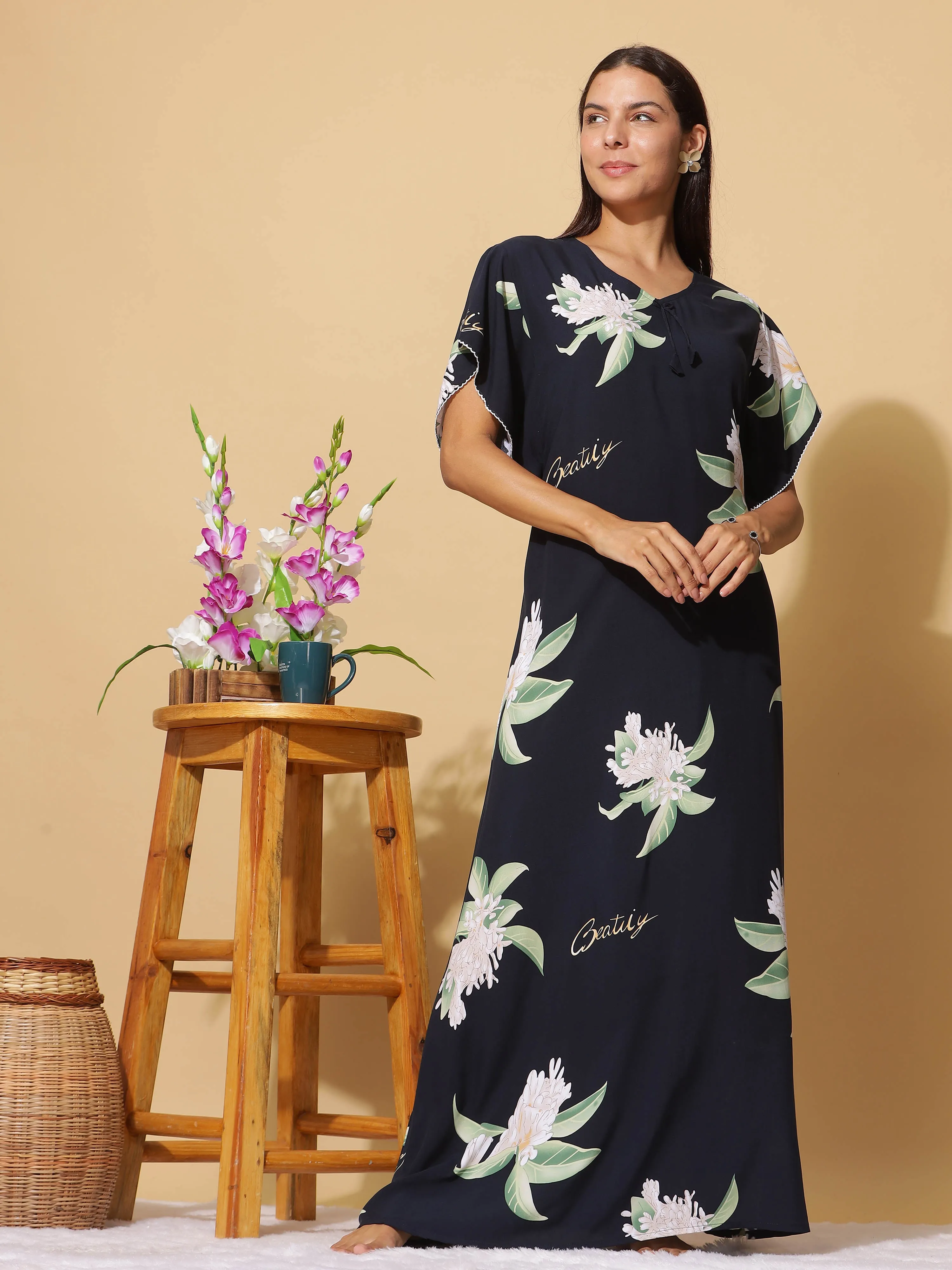 Navy Blue Rayon Designer Maxi Nighty