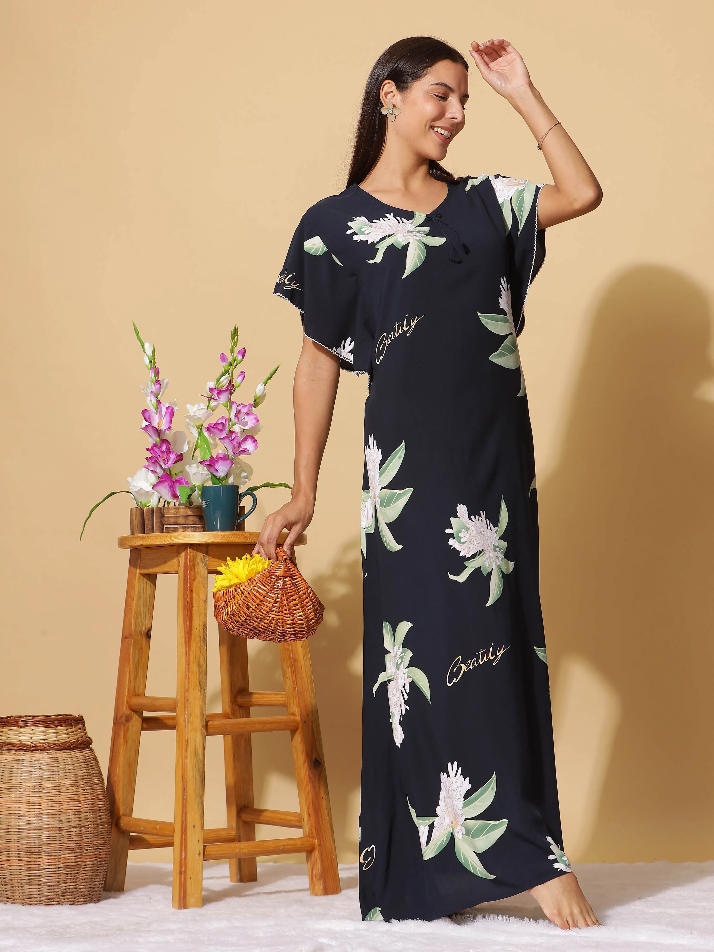 Navy Blue Rayon Designer Maxi Nighty