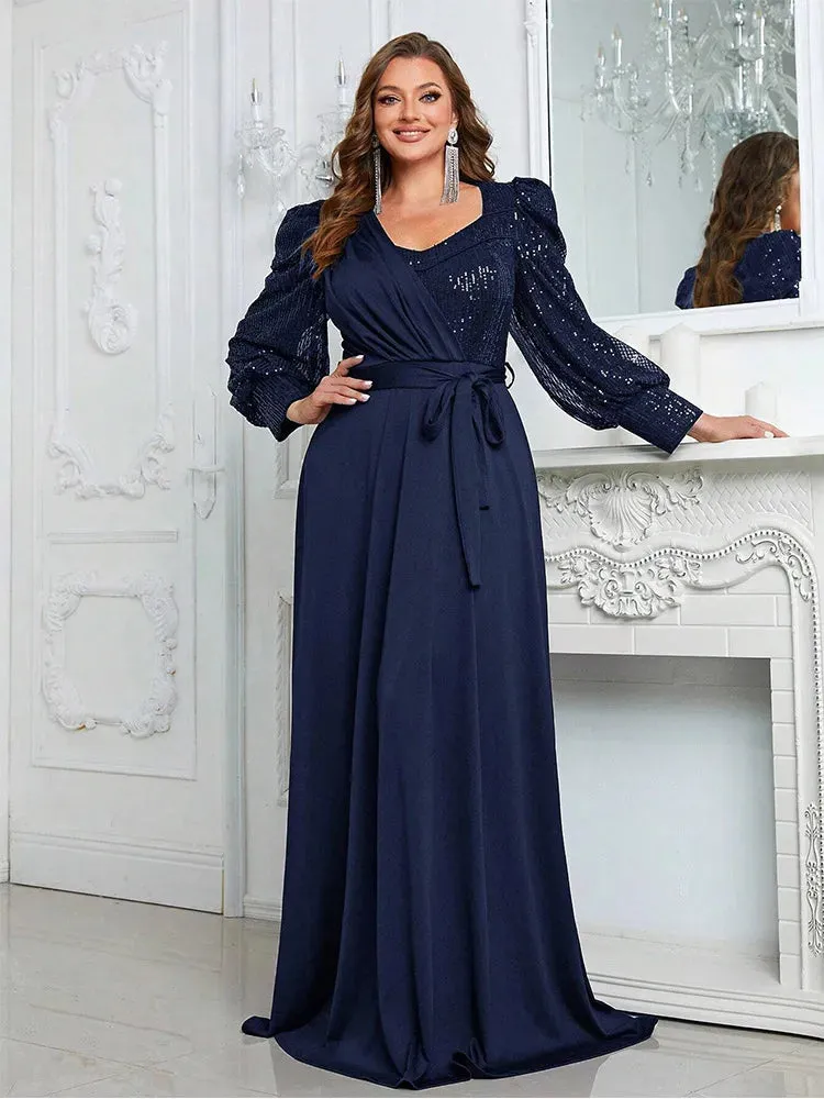 Navy Plus Size V-Neck Long-Sleeved Evening Dresses