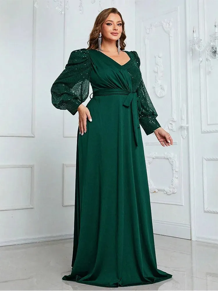 Navy Plus Size V-Neck Long-Sleeved Evening Dresses