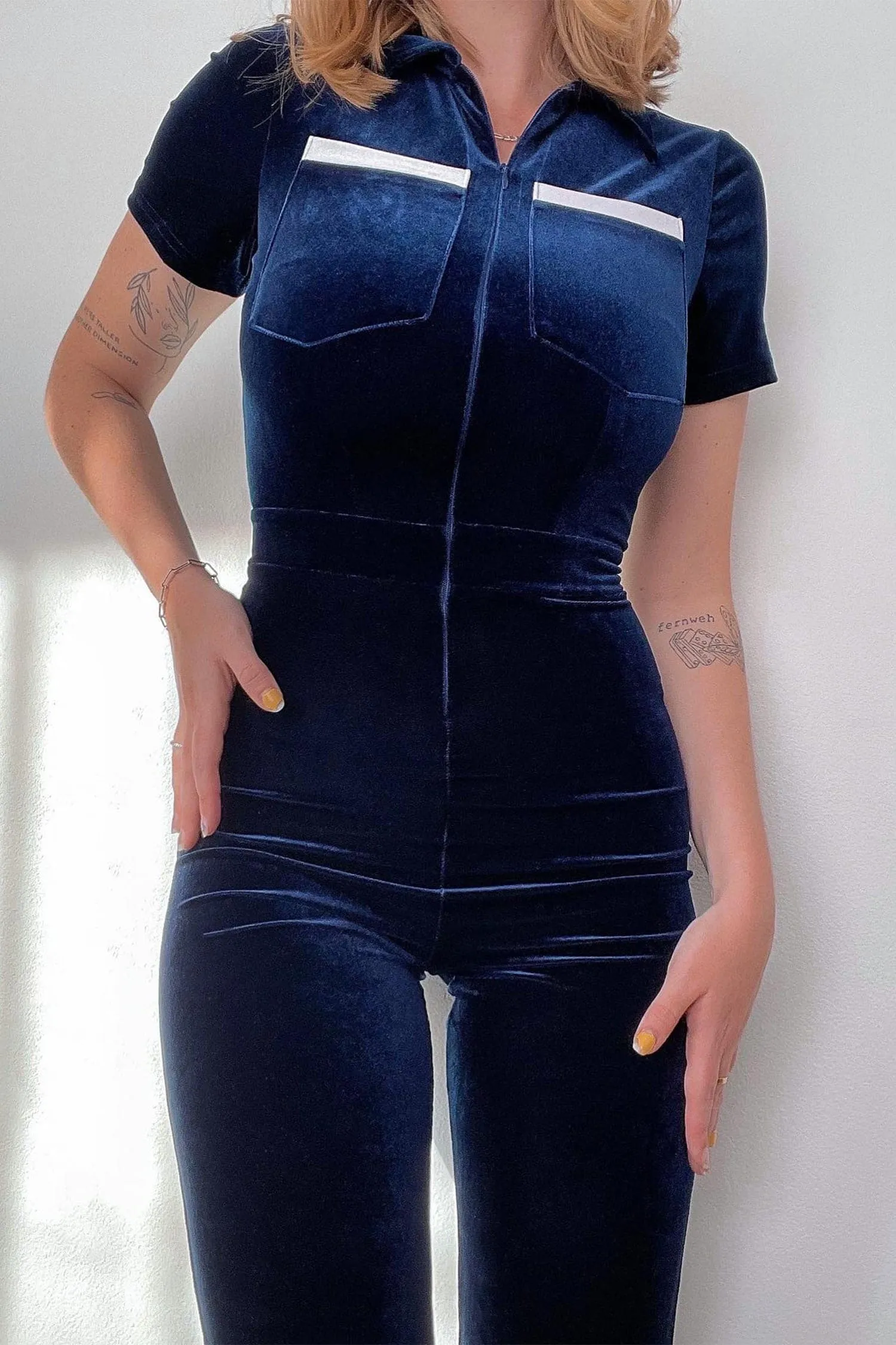 Navy Polo Short Sleeve Velvet Jumpsuit