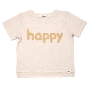 oh baby! Raw Edge Short Sleeve Cotton Slub Tee - happy Applique  - Sand Heather