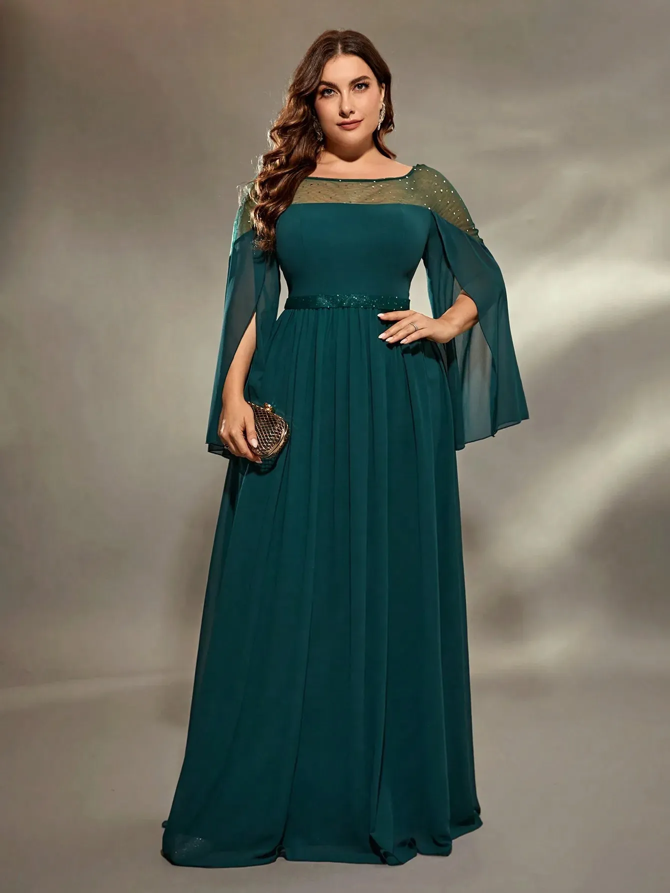 Plus Size Sheer Neckline Sequins Split Sleeve Evening Dress