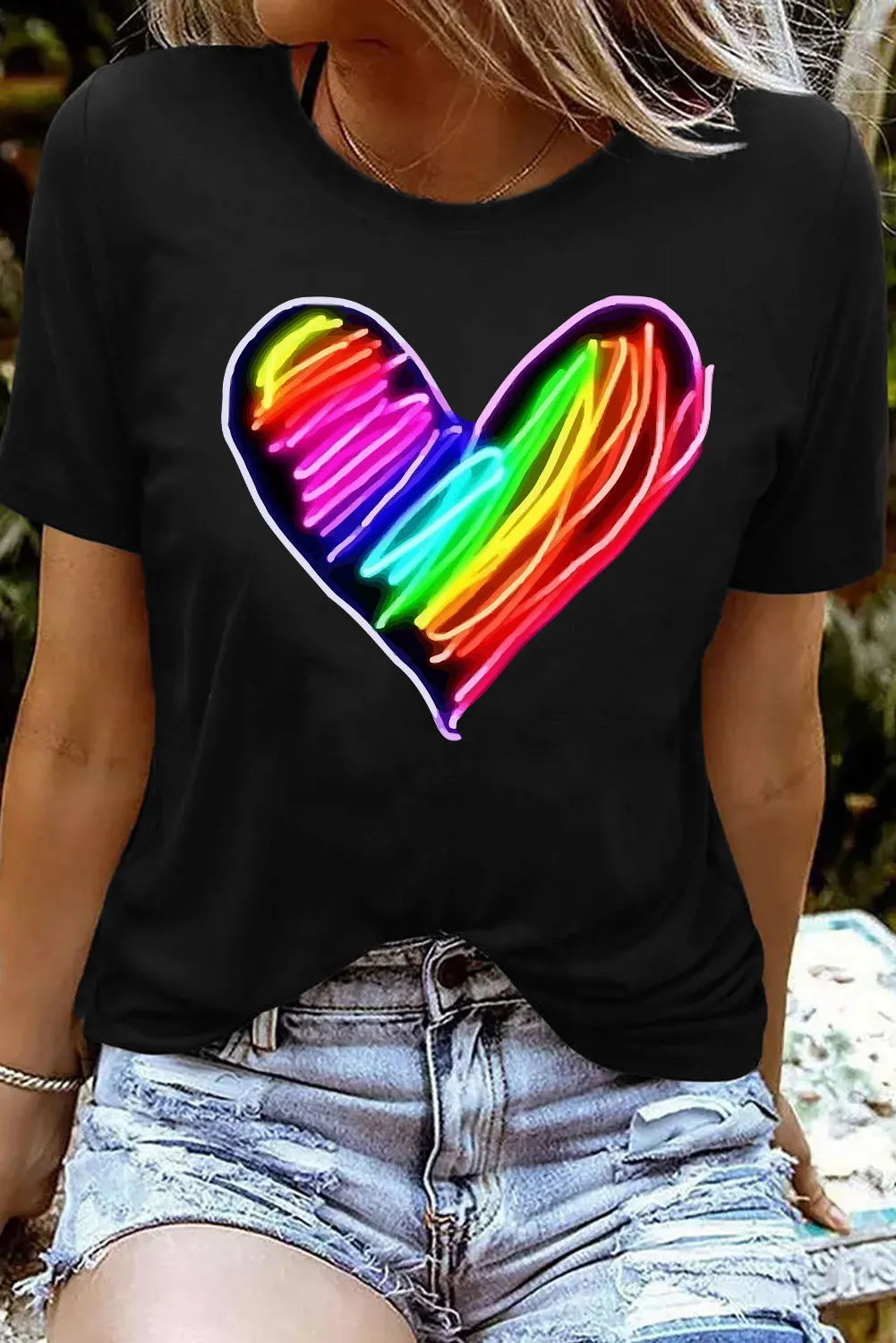 Pride Shirt Women Rainbow LGBT Crew Neck Printing Heart Shaped Tee