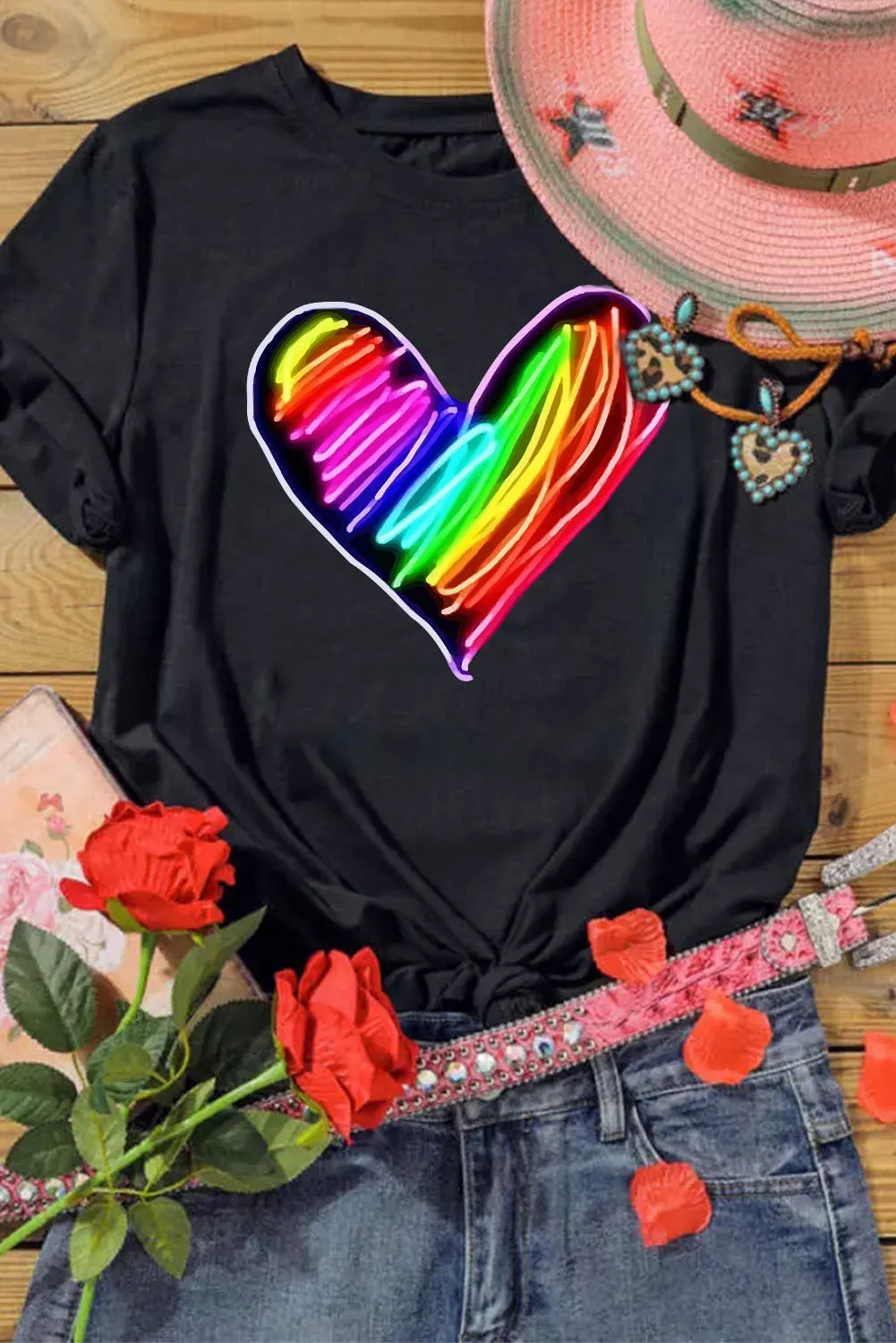 Pride Shirt Women Rainbow LGBT Crew Neck Printing Heart Shaped Tee