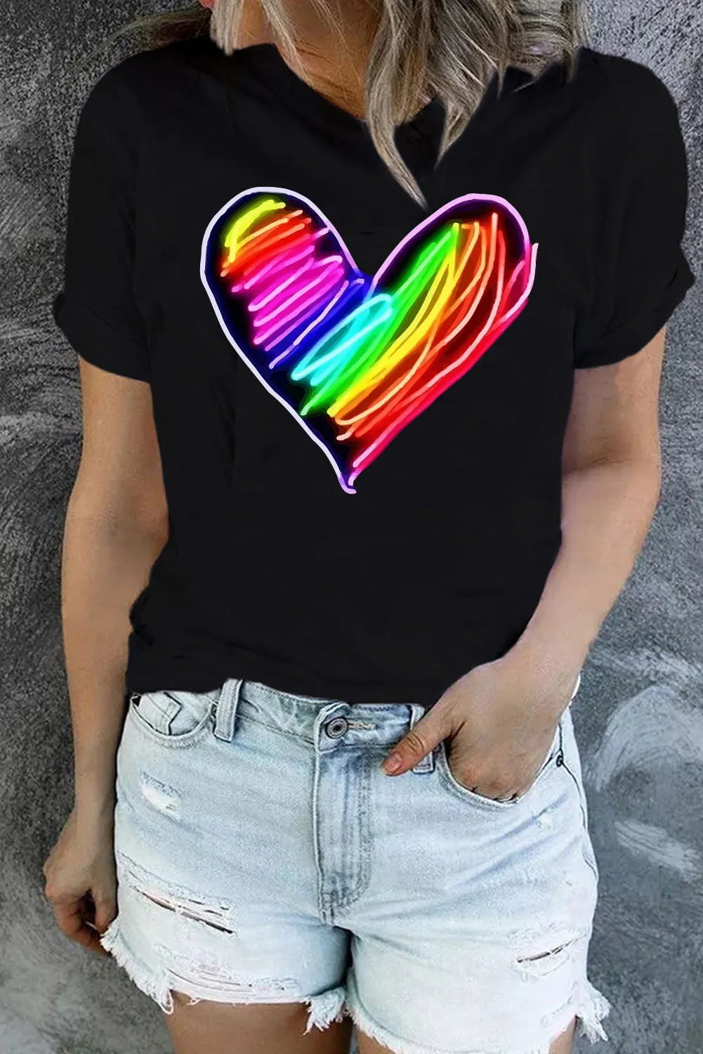 Pride Shirt Women Rainbow LGBT Crew Neck Printing Heart Shaped Tee