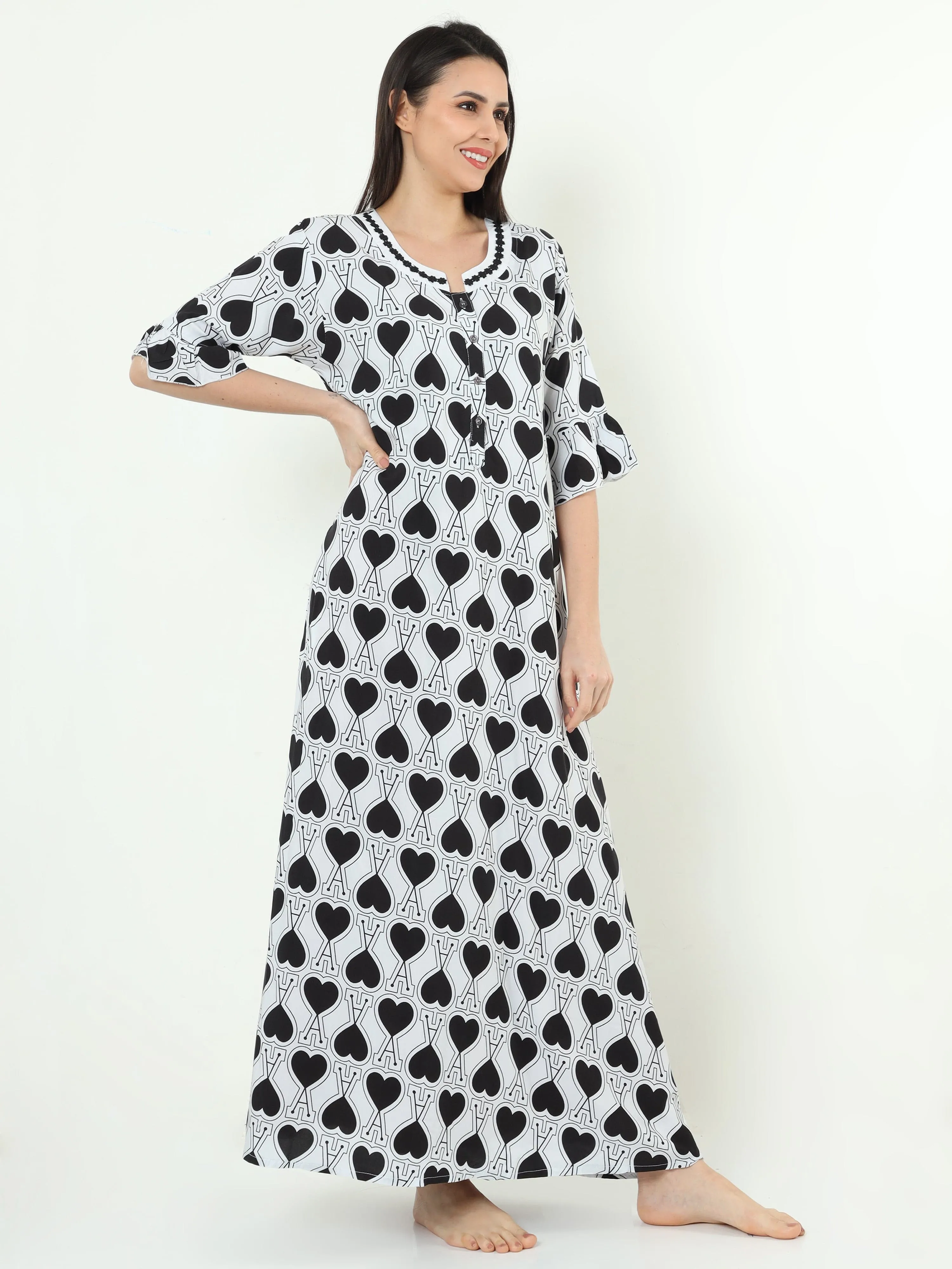 Rayon Designer Nighty | White & Black