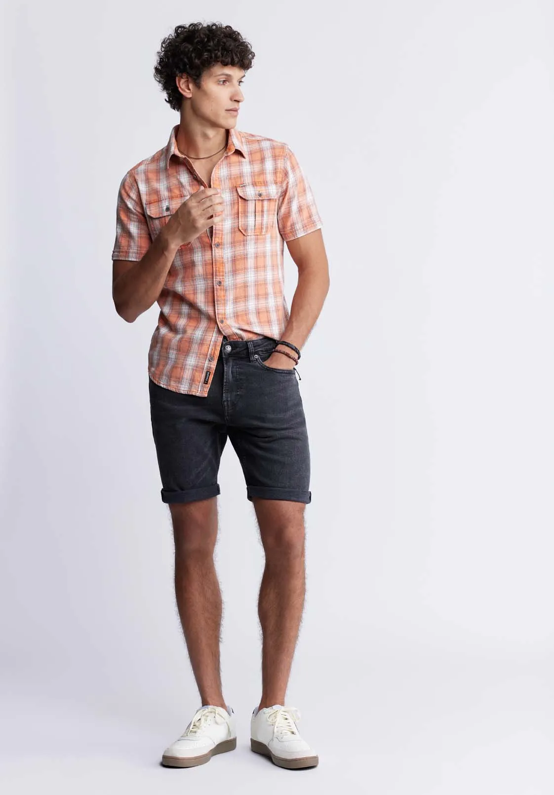 Sazid Men's Short Sleeve Plaid Shirt in Tangerine - BM24281