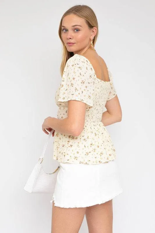 SHORT SLEEVE BUTTON DOWN BACK SMOCKING DITSY PRINT TOP