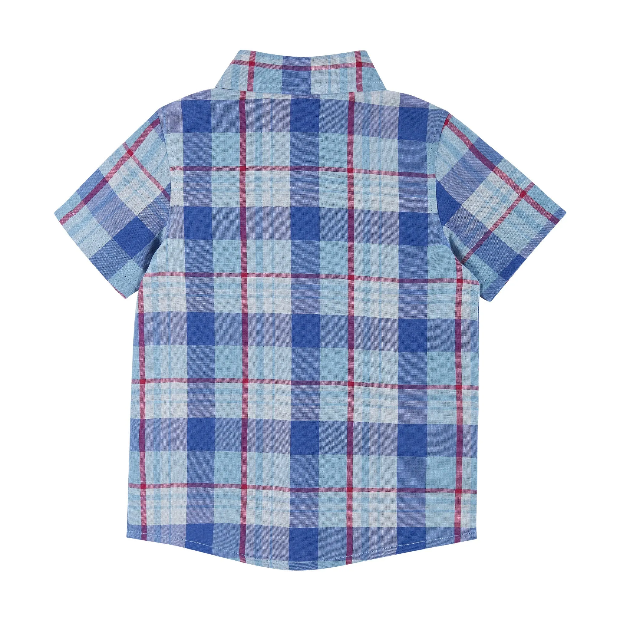 Short Sleeve Plaid Button-Up | Red & Blue