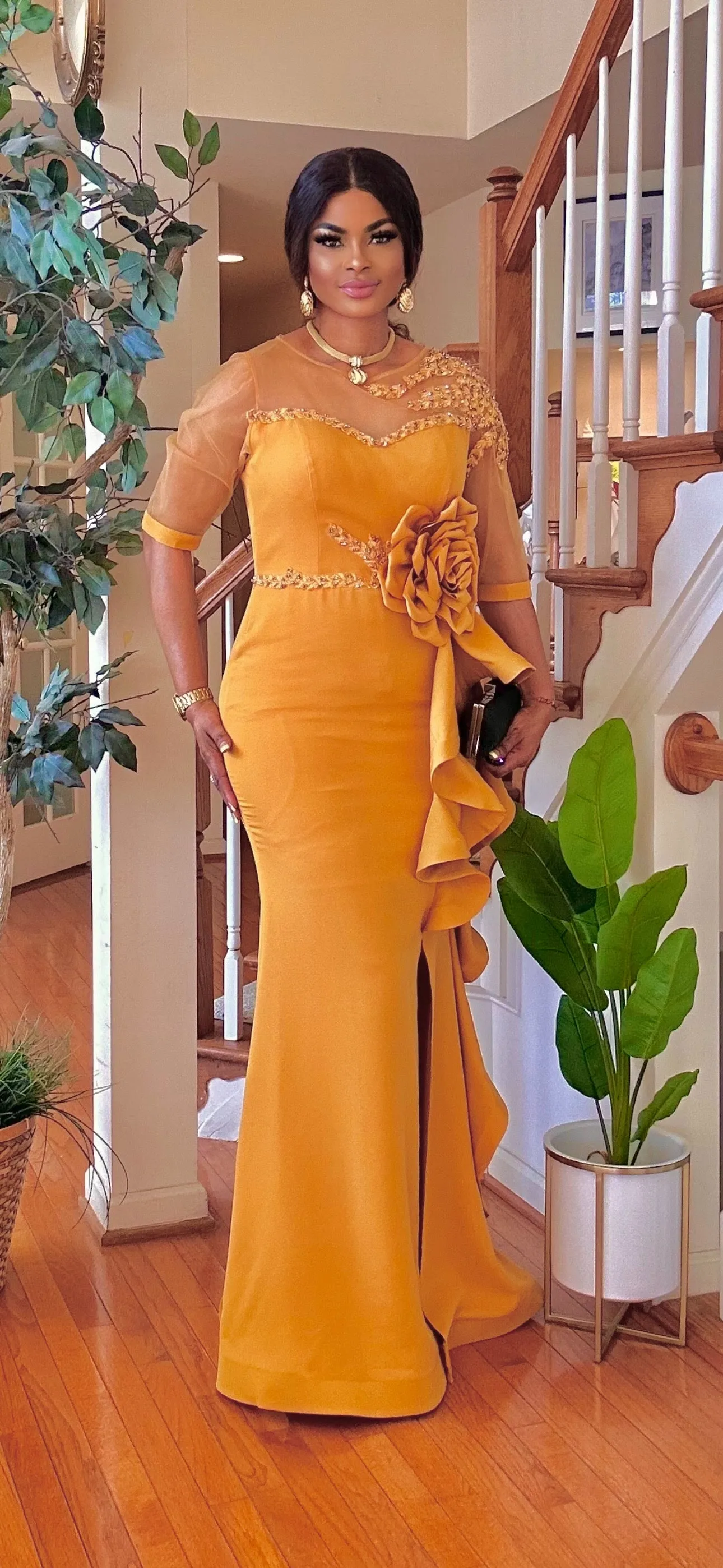 SIDE SLIT RUCHING FLOOR LENGTH FORMAL DRESS(MUSTARD)