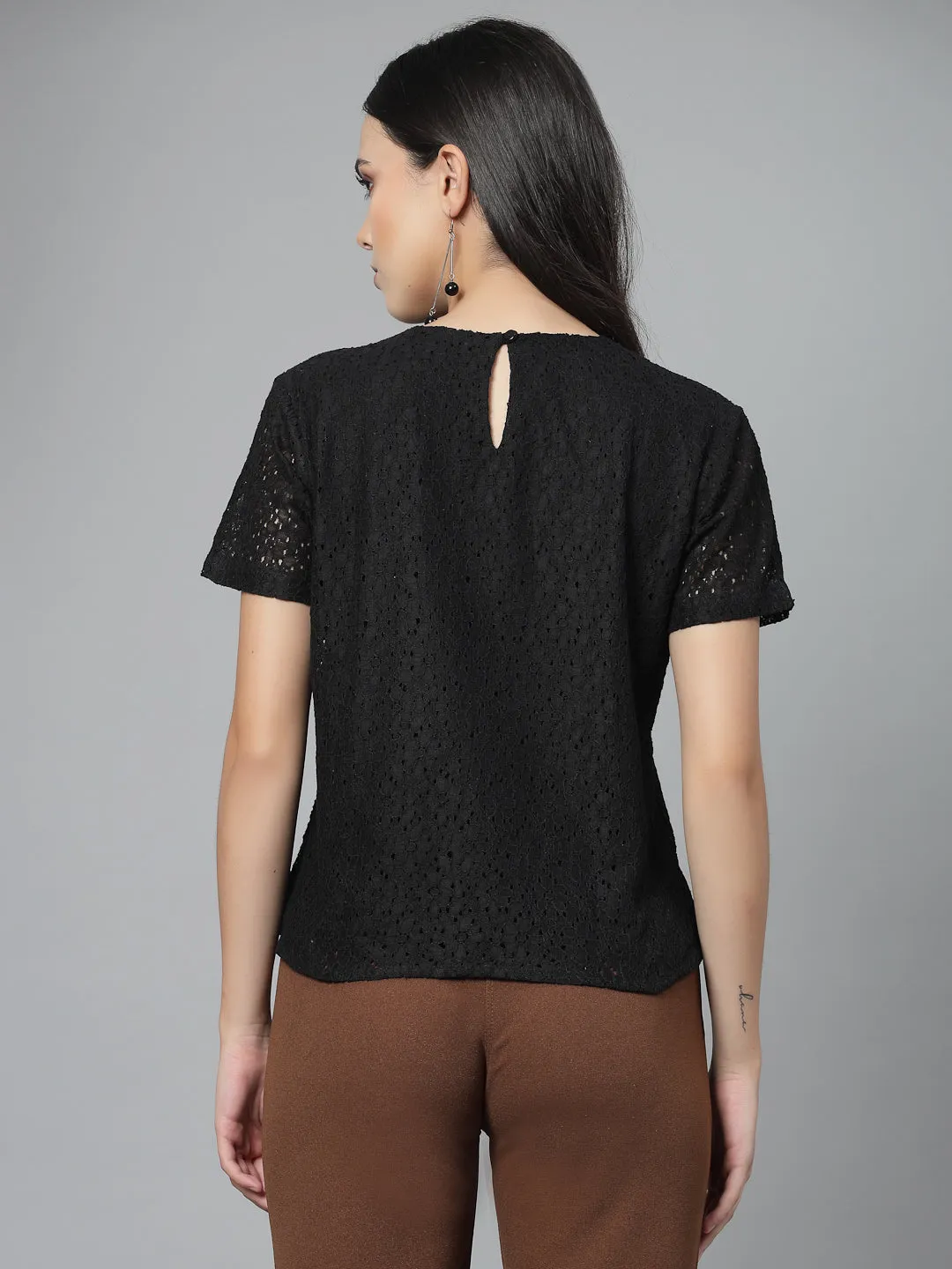 Style Quotient Women Black Self Design Cotton Lace Regular Smart Casual Top