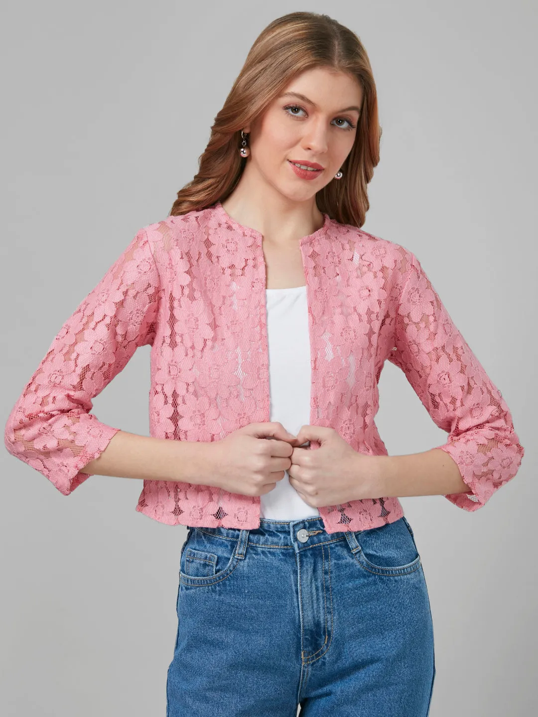 Style Quotient Women Dusty Pink Self Design  Lace regular fit Open front Shrug