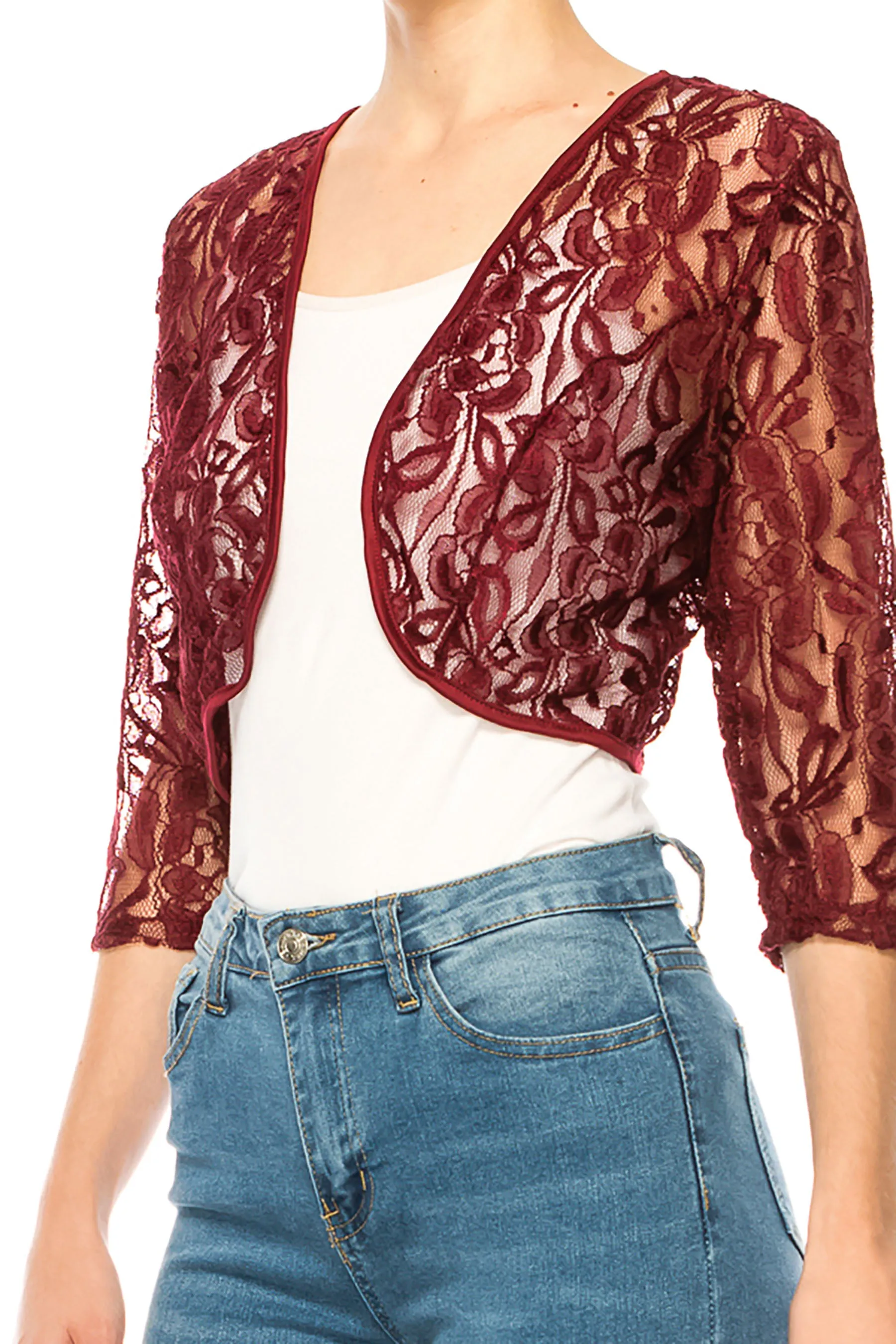 Women's Casual Lace Bolero Crochet Open Cardigan 3/4 Sleeve Sheer Cover Up Jacket