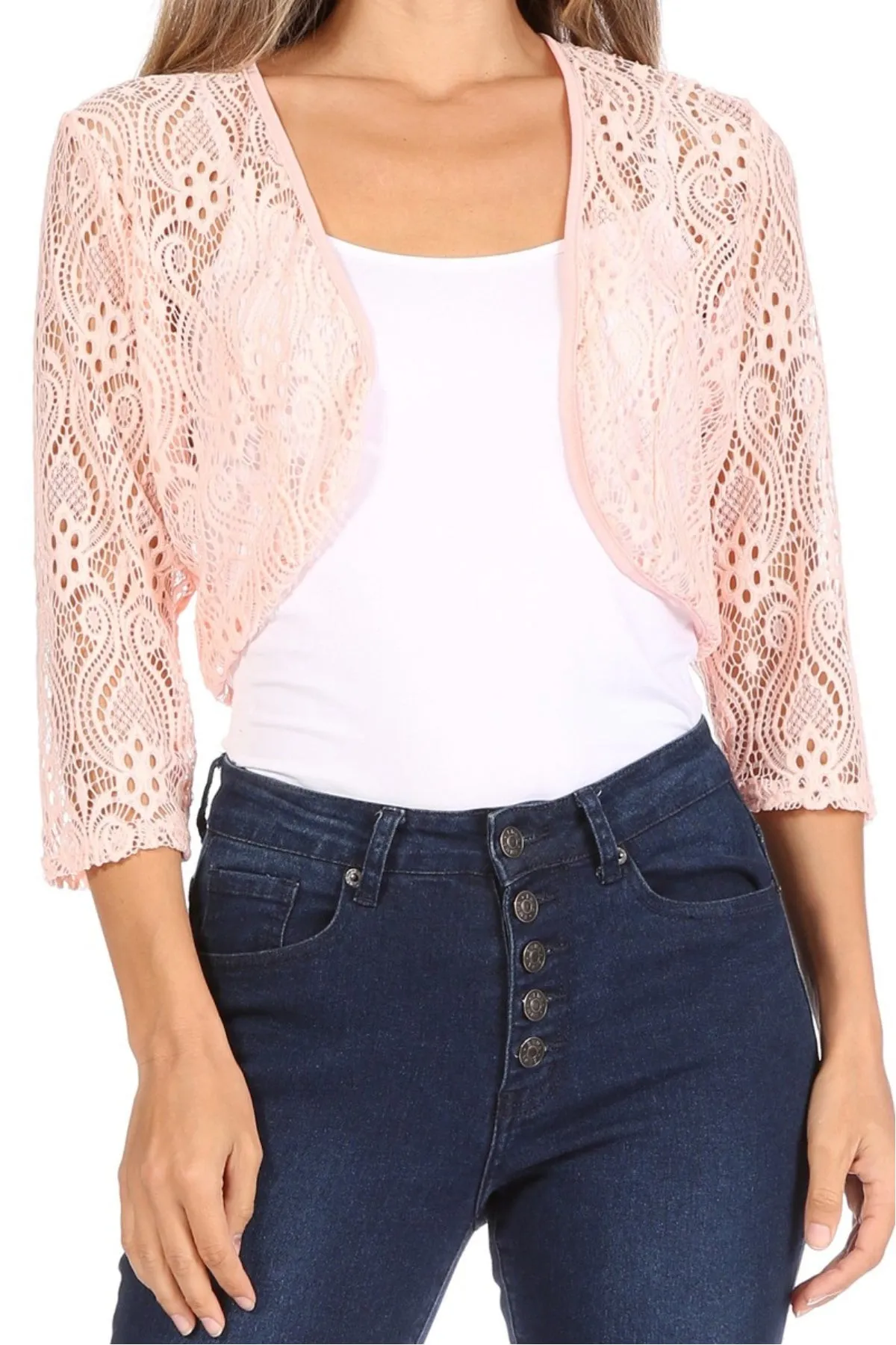 Women's Casual Lace Bolero Crochet Open Cardigan 3/4 Sleeve Sheer Cover Up Jacket