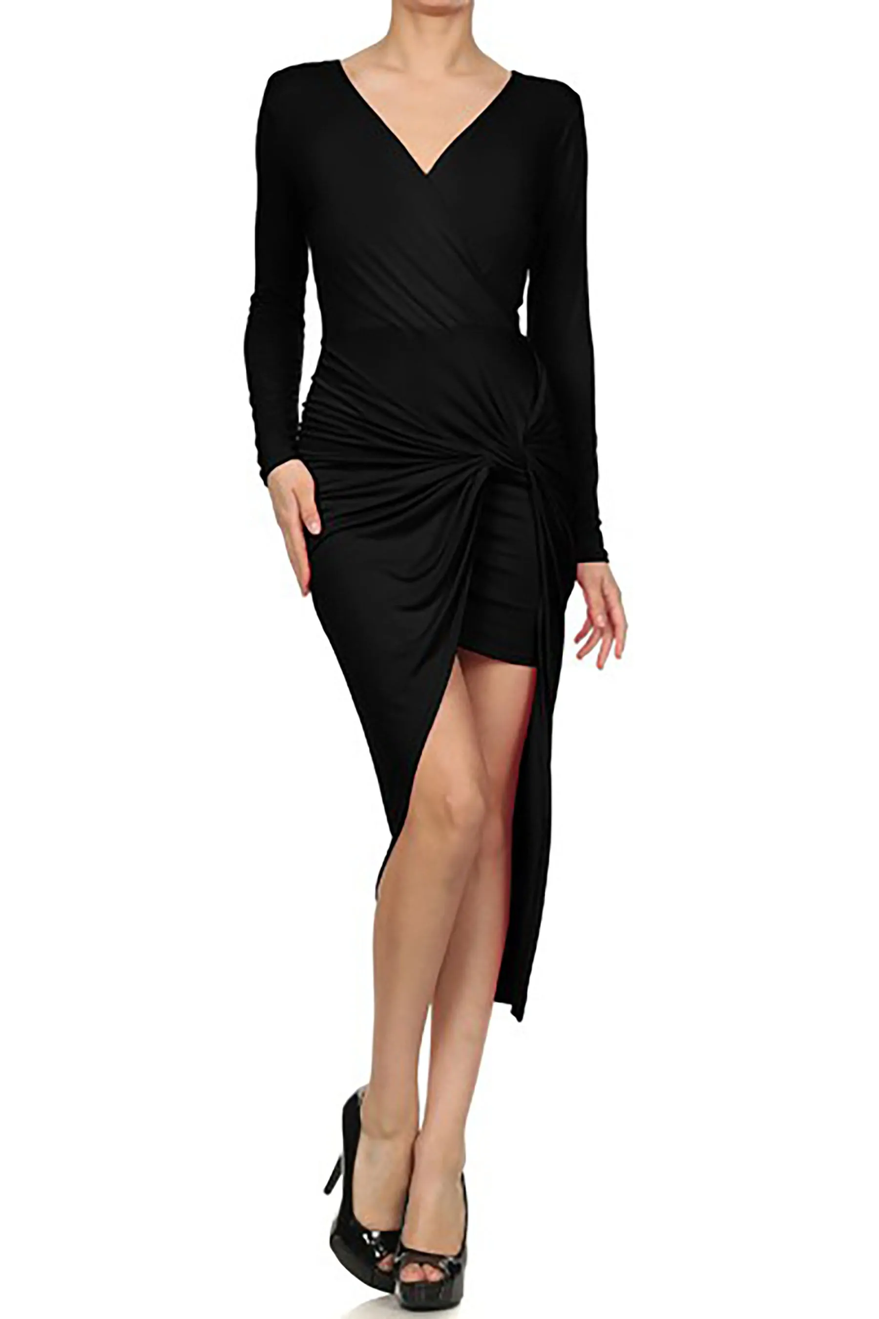 Women's Long Sleeve Draped Midi Knot Dress